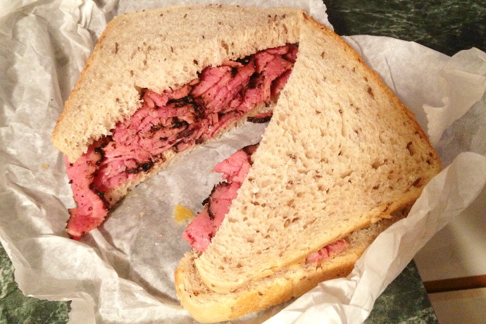 photo of pastrami sandwich from Barry's Village Deli, Waban, MA