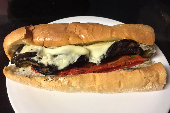 photo of grilled eggplant, roasted red peppers, and provolone sub from Bob's Italian Foods, Medford, MA