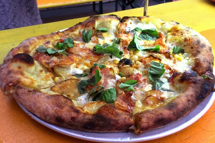 photo of bacon and tater pizza from Brewer's Fork, Charlestown, MA