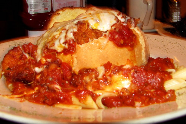 photo of chicken parmesan bread bowl from Coop's Bar and Grille, Quincy, MA