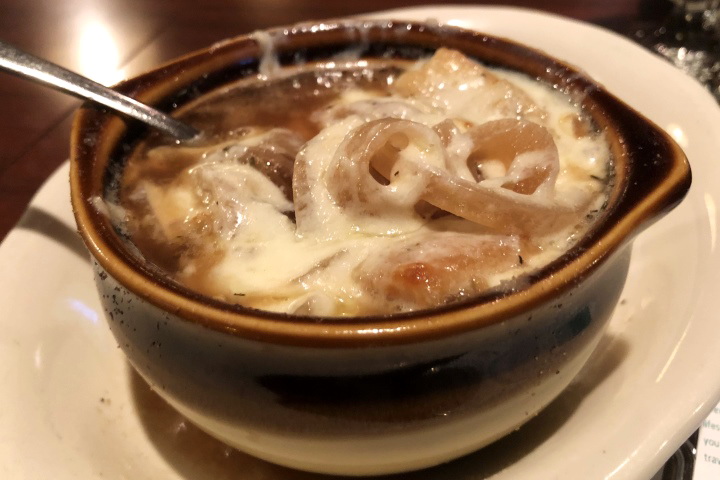 photo of French onion soup from the Corrib Pub, West Roxbury, MA