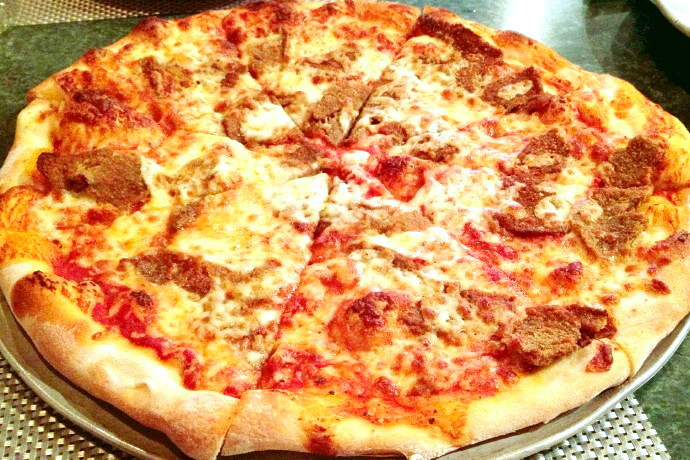 photo of eggplant pizza from Kelley Square Pub, East Boston, MA