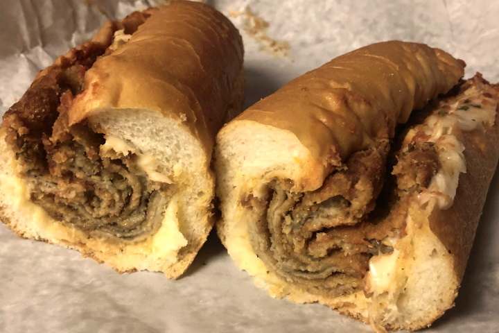 photo of an eggplant parmigiana sub from La Cascia's Bakery, Medford, MA