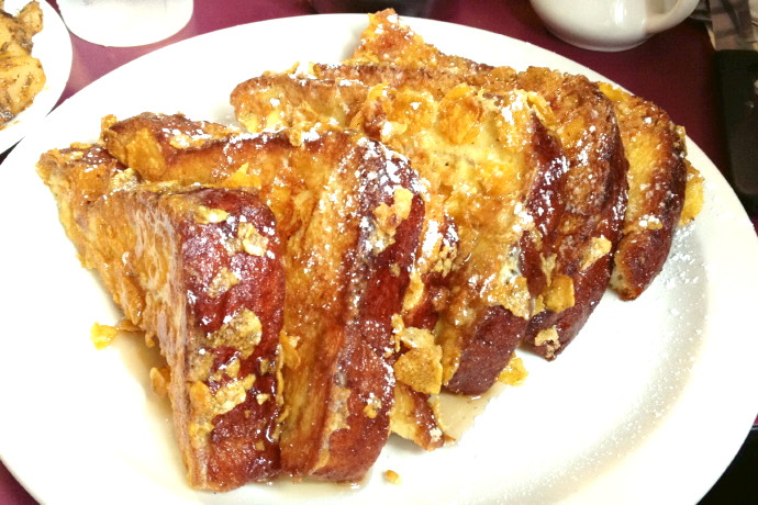 photo of French toast encrusted with Frosted Flakes from the Mad Hatter Cafe, Weymouth, MA