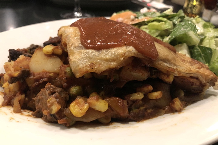 photo of steak tip curry pie from the Mad Hatter Restaurant, Weymouth, MA
