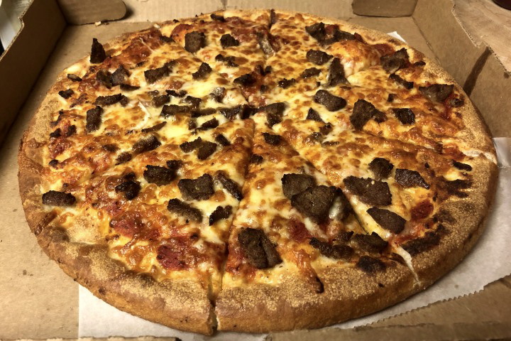 photo of meatball pizza from Mario's Italian Restaurant, Lexington, MA
