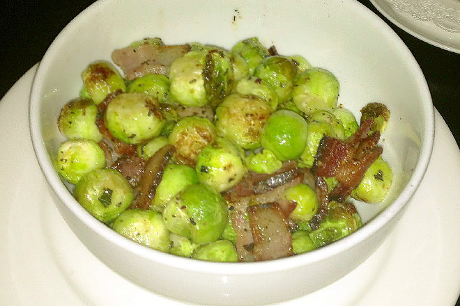 photo of Brussels sprouts roasted in bacon fat from Marliave, Boston, MA