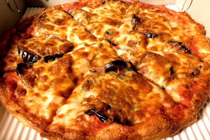 photo of eggplant pizza from New London Pizza, Concord, MA