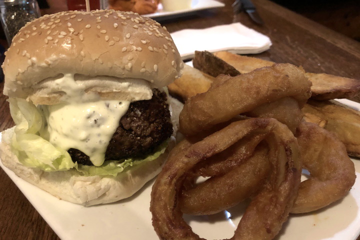 photo of a Black and Blue Burger from R.F. O'Sullivan's, Somerville, MA