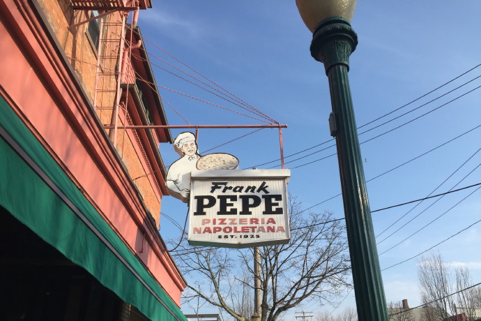 photo of Pepe's Pizza sign, New Haven, CT