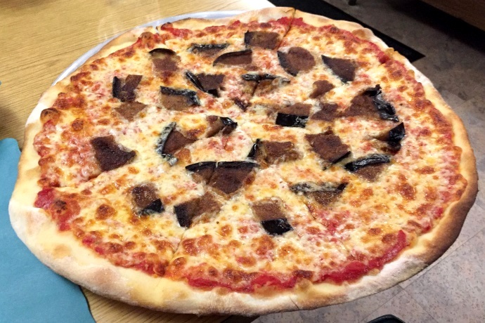 photo of eggplant pizza from the Pleasant Cafe, Roslindale, MA