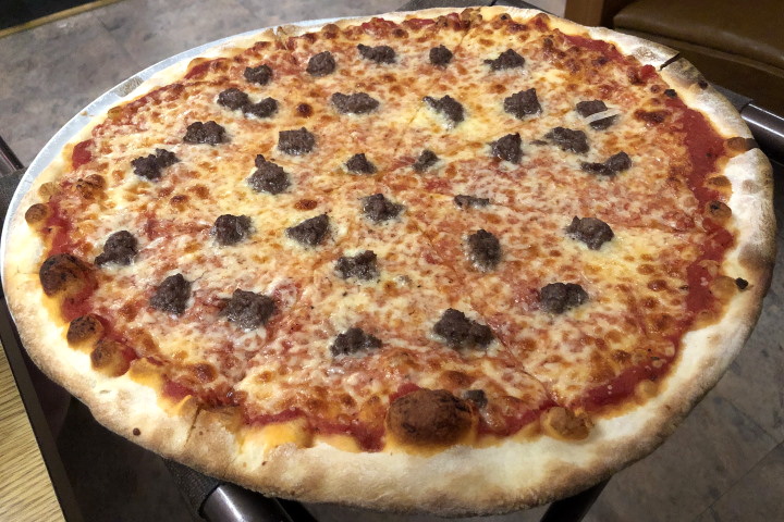 photo of hamburger pizza from the Pleasant Cafe, Roslindale, MA