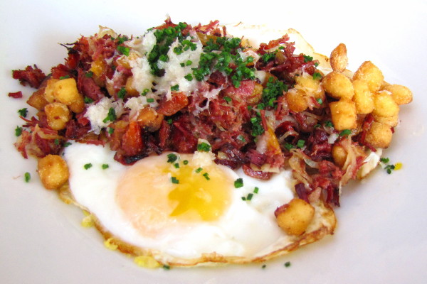 photo of hash with gnocchiette and fried eggs from Rocca, Boston, MA