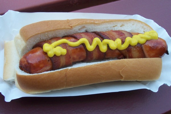 photo of bacon-wrapped hot dog from Sandy's Lunch Box, Pepperell, MA