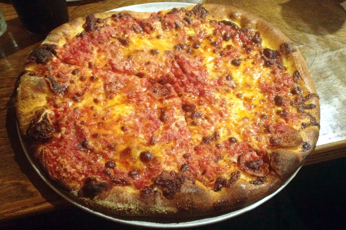 photo of a pepperoni pizza from Santarpio's, East Boston, MA
