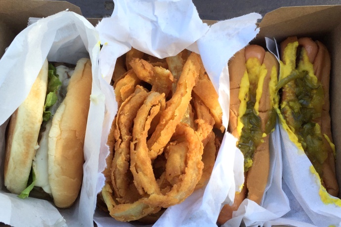 photo of double burger, onion rings, hot dogs from Sullivan's, South Boston, MA