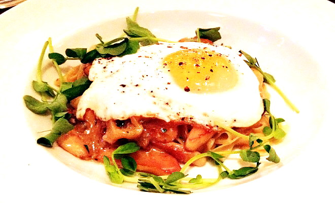 photo of tagliatelle (with egg on top) from Tastings Wine Bar and Bistro, Foxboro, MA