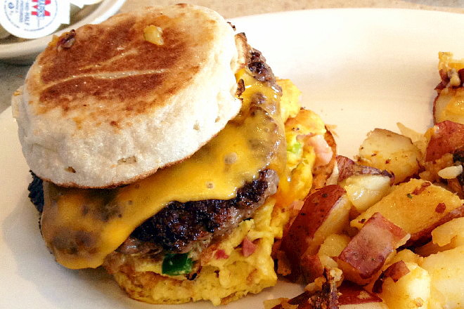 photo of breakfast burger from Victoria's Diner, Roxbury, MA