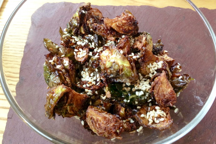 photo of fried Brussels sprouts in sesame/ginger sauce from When Pigs Fly Pizzeria, Kittery, ME