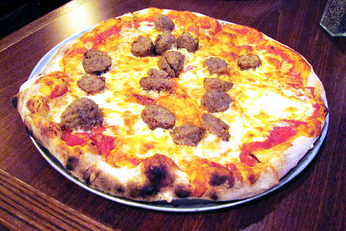 photo of meatball pizza from Woody's Grill and Tap, Boston, MA